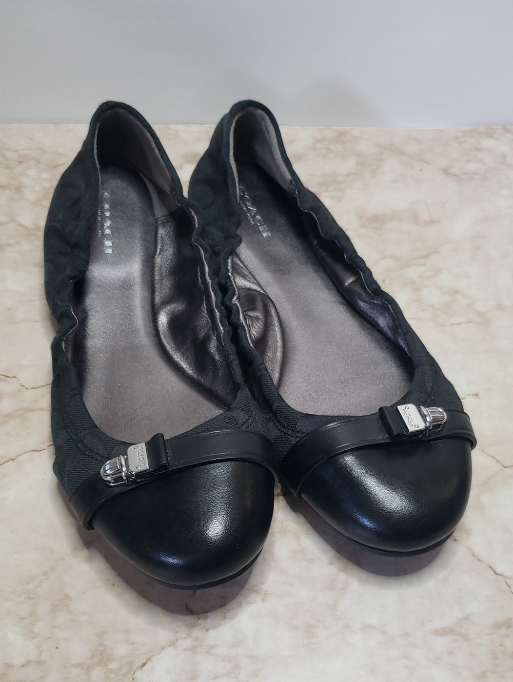 Coach Black Leather Cap-Toe Ballet Flats Monogranb Women's Size 10